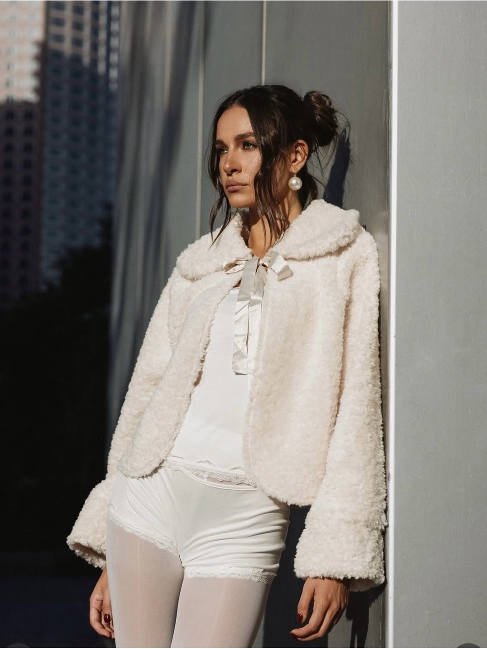 Altar'd State Cream Plush Teddy Jacket with Satin Ribbon